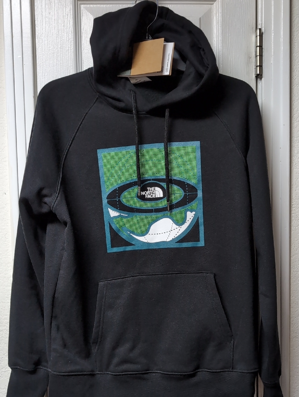 The North Face Black Pullover Hoodie with Green & Teal Graphic